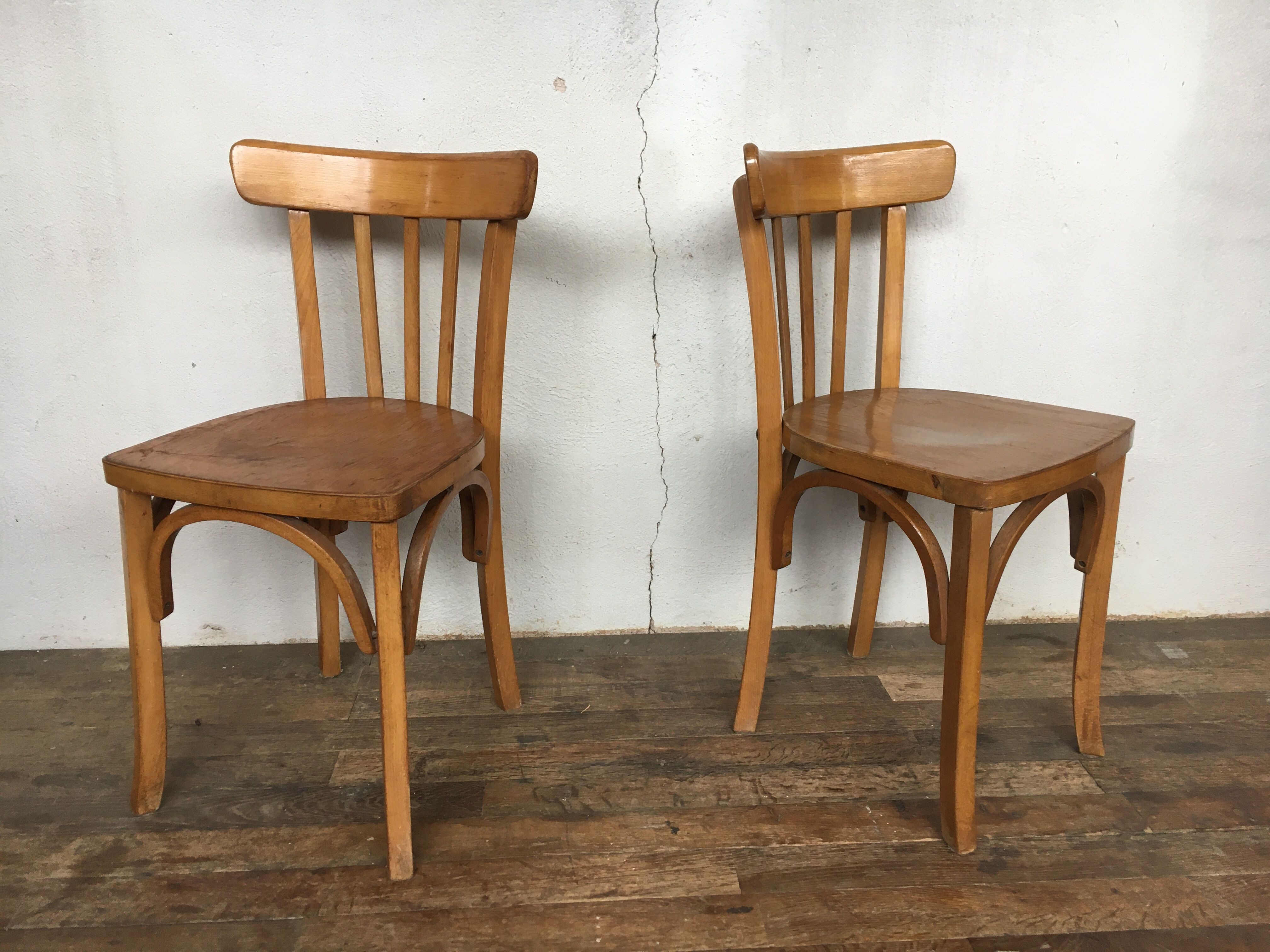 Pair of bistro and bohemian beech vintage chairs 1950