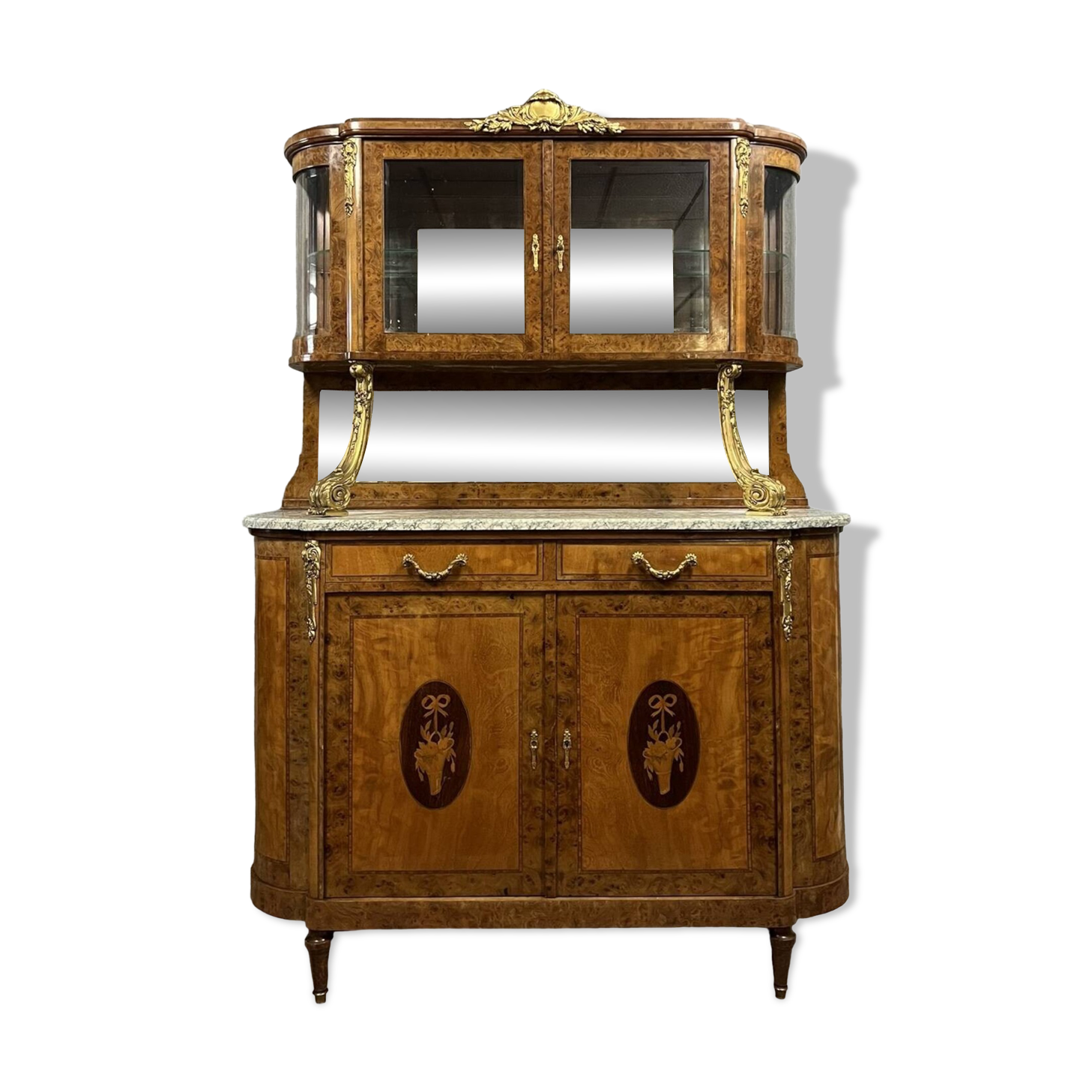 Superb Louis XVI two-body buffet in marquetry and gilded bronzes circa 1880