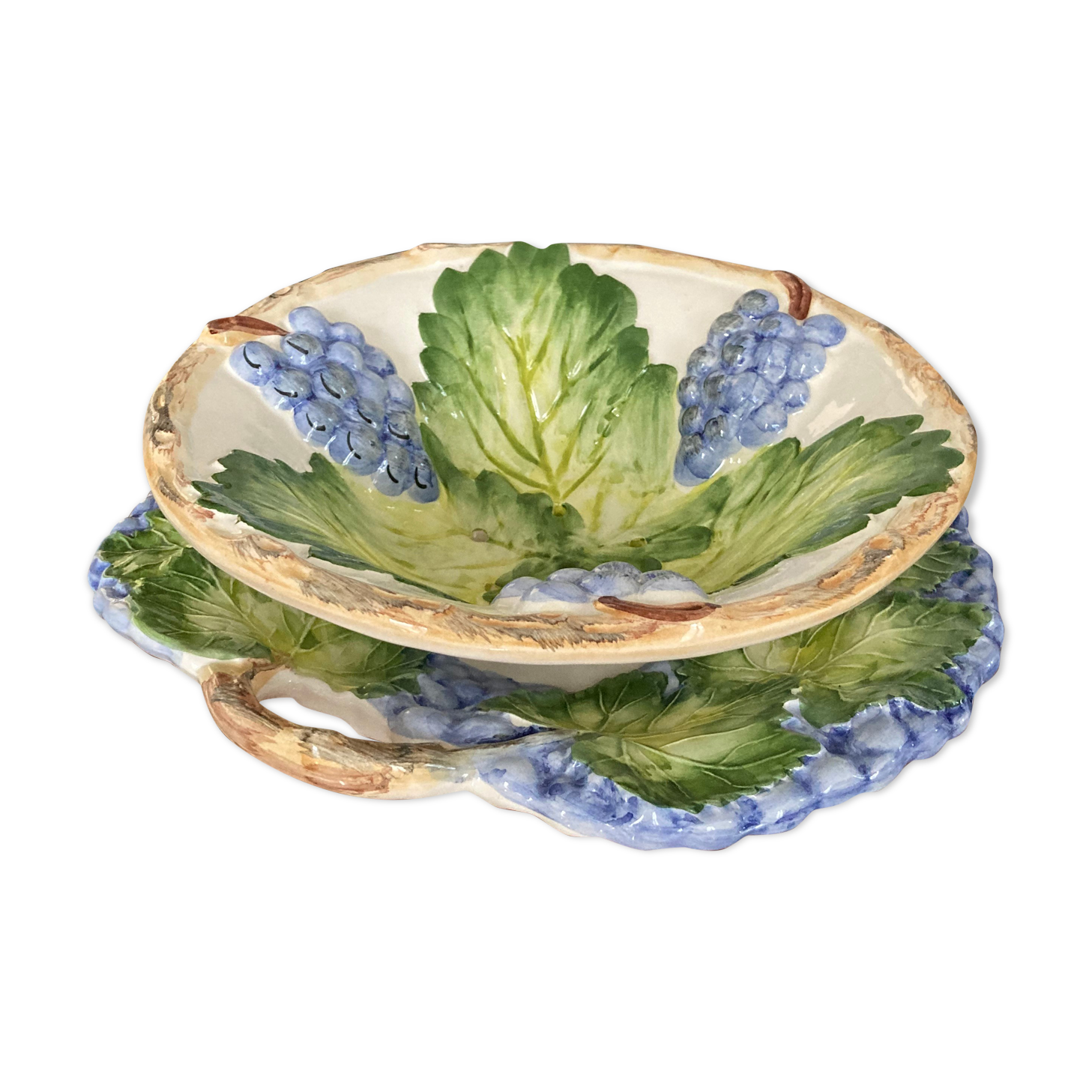 Grape slip compotier with plate - vintage majolica style ceramic drainer