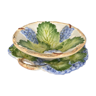 Grape slip compotier with plate - vintage majolica style ceramic drainer