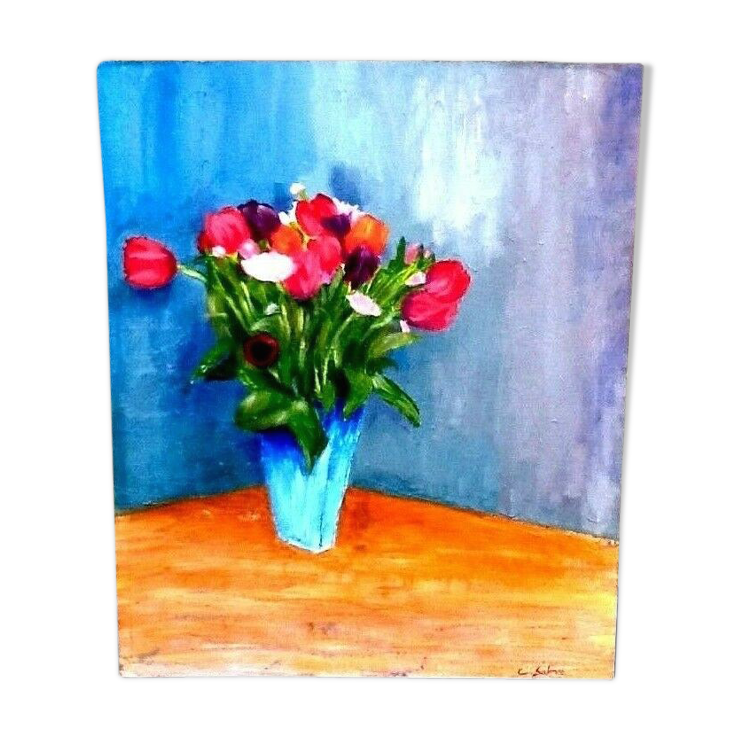 Painting on cardboard entoiled by C. Salmon "flower bouquet"