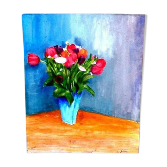 Painting on cardboard entoiled by C. Salmon "flower bouquet"