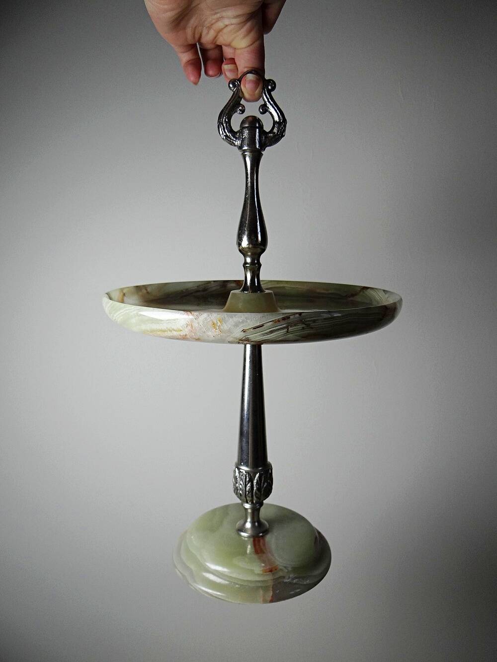 Rare display stand in green onyx and silver metal, Italy, vintage.