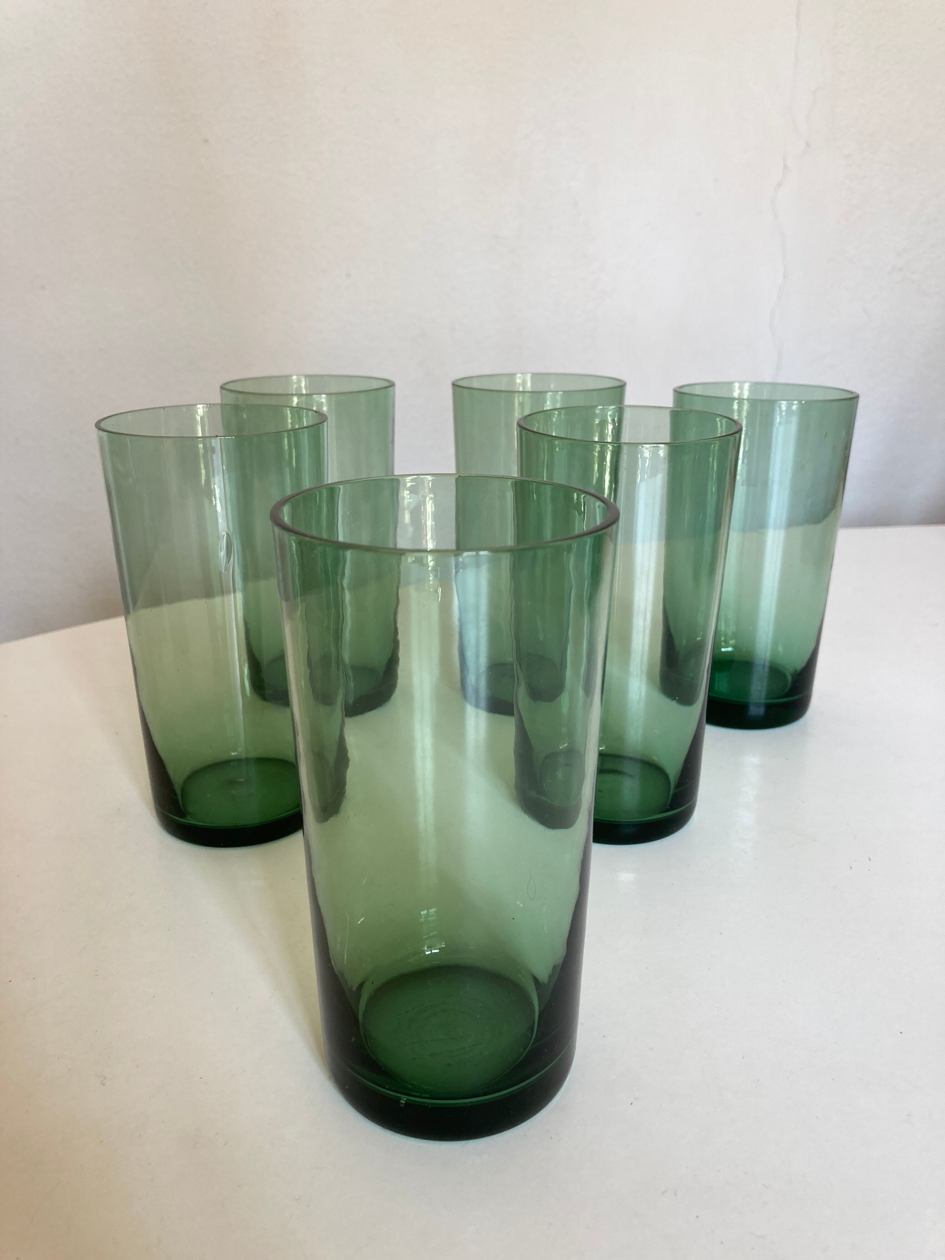 Set 6 glasses green cups blown 1960