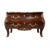 Commode ancienne en acajou, loupe d'Amboine, marbre rouge et bronze