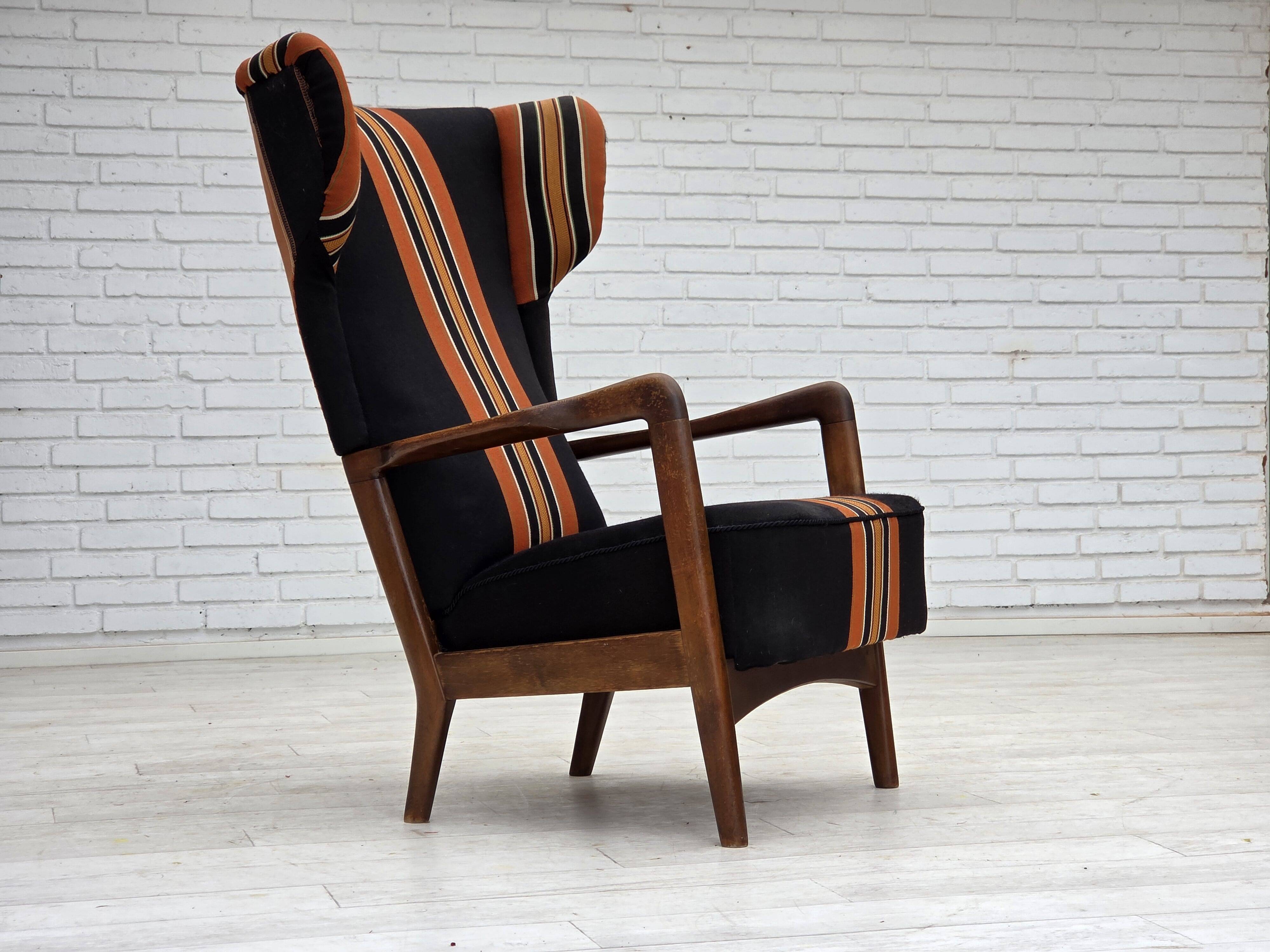 1960s, Danish highback armchair by Fritz Hansen, furniture wool, beech wood