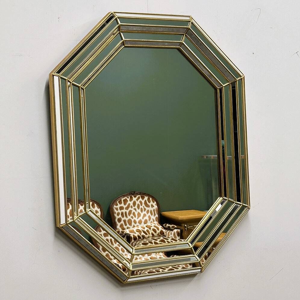 Large octagonal Deknudt wall mirror in layered mirrored glass and gold accents