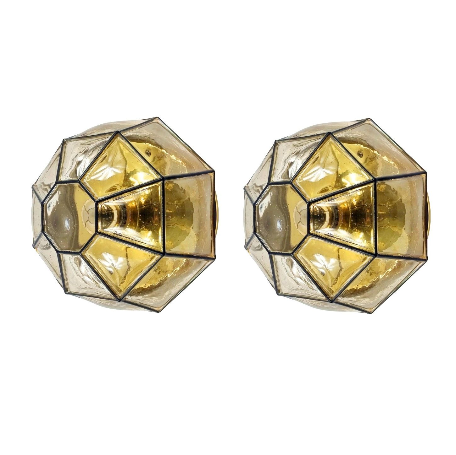 Pair of mid-century minimalist iron & glass flush mounts / ceiling lamps from limburg, germany, 1960