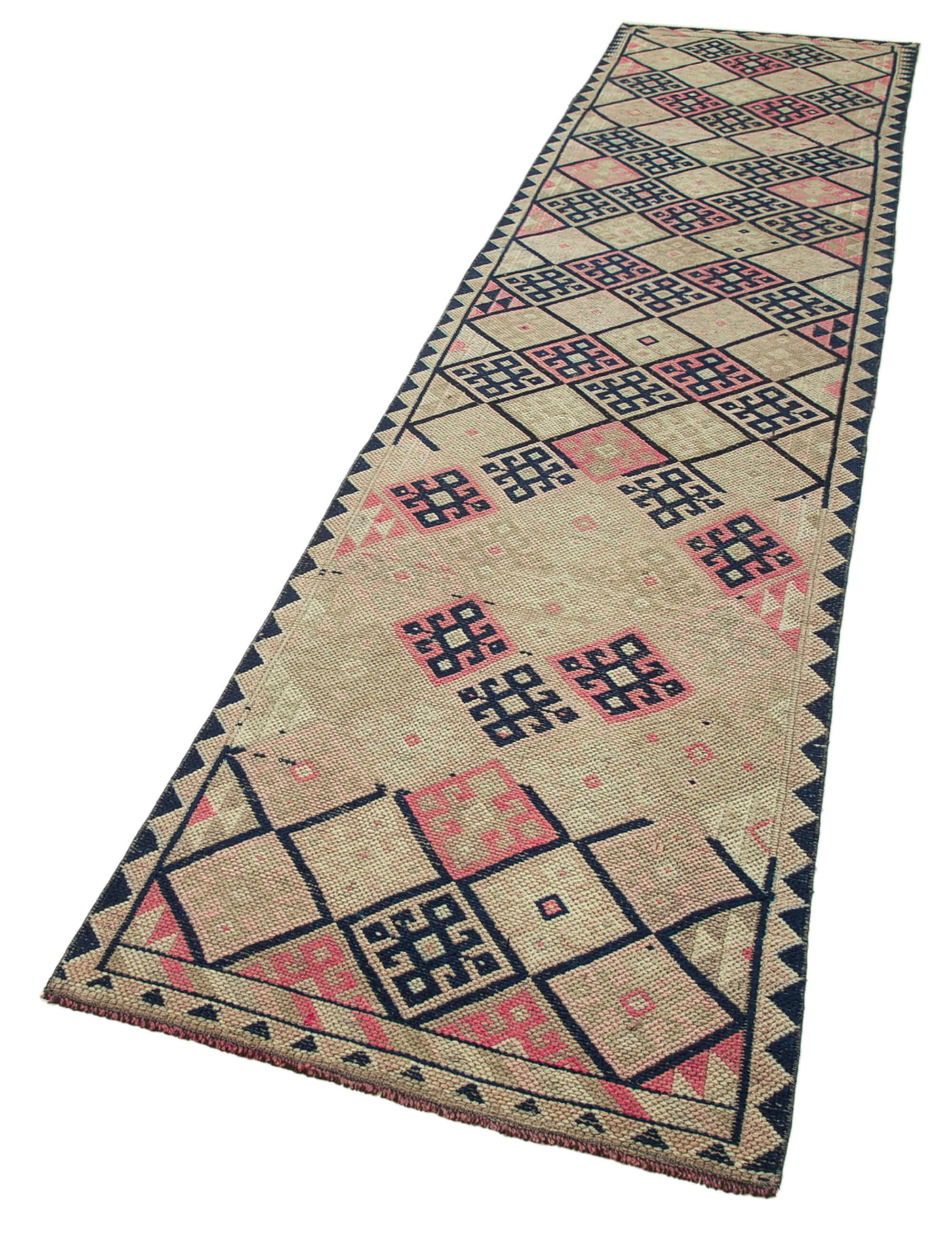 Handwoven vintage anatolian beige runner rug 84 cm x 376 cm