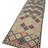 Handwoven vintage anatolian beige runner rug 84 cm x 376 cm