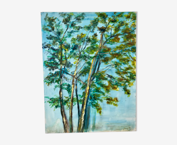 Tableau huile sur toile paysage arbre signé vintage