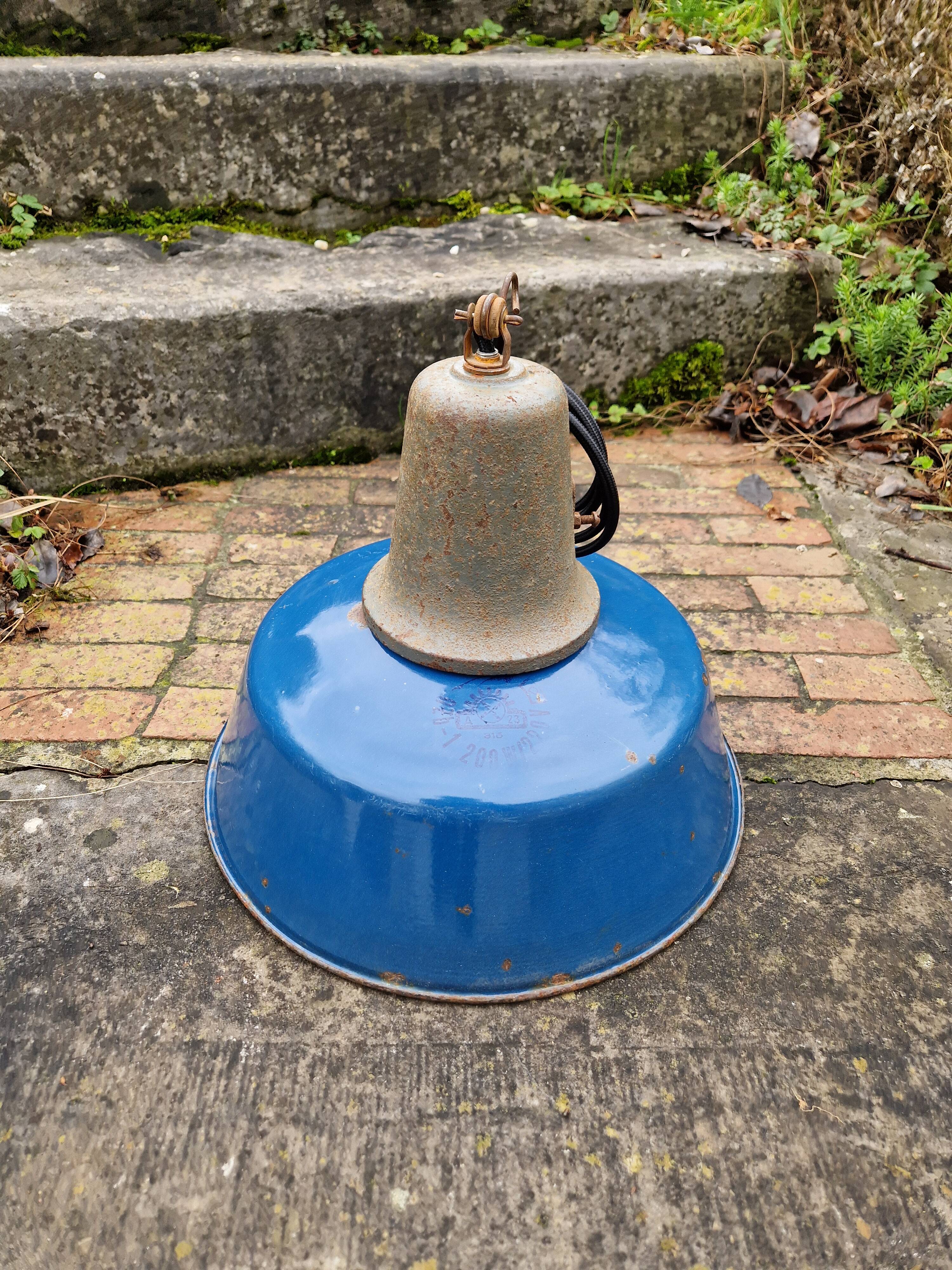 Industrial pendant light in blue enamelled sheet metal and cast iron, Poland, 1950s-60s