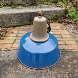 Industrial pendant light in blue enamelled sheet metal and cast iron, Poland, 1950s-60s