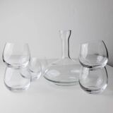Vintage clear glass decanter set with 6 round wine glasses - Italian 1980s timeless design, elegant table décor