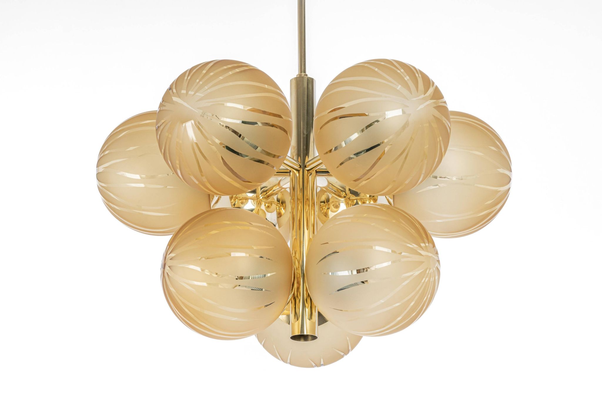 Large Sputnik chandelier in opaline and brass, Germany, 1970s.