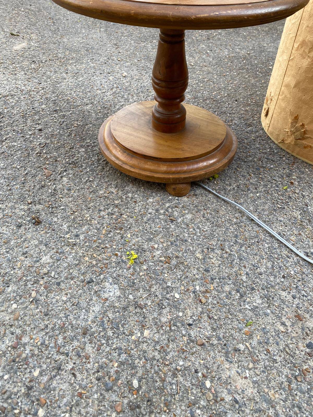 Art Deco floor lamp with wooden shelf and beige floral shade