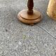Art Deco floor lamp with wooden shelf and beige floral shade