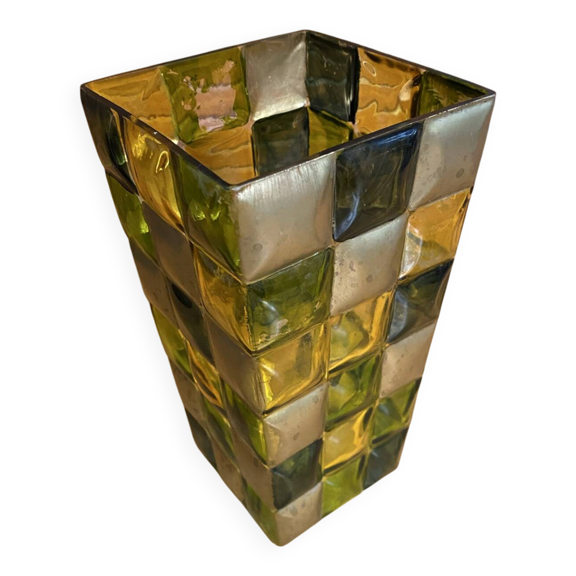 Vase ancien style Murano en verre polychrome motif damier peint à la main