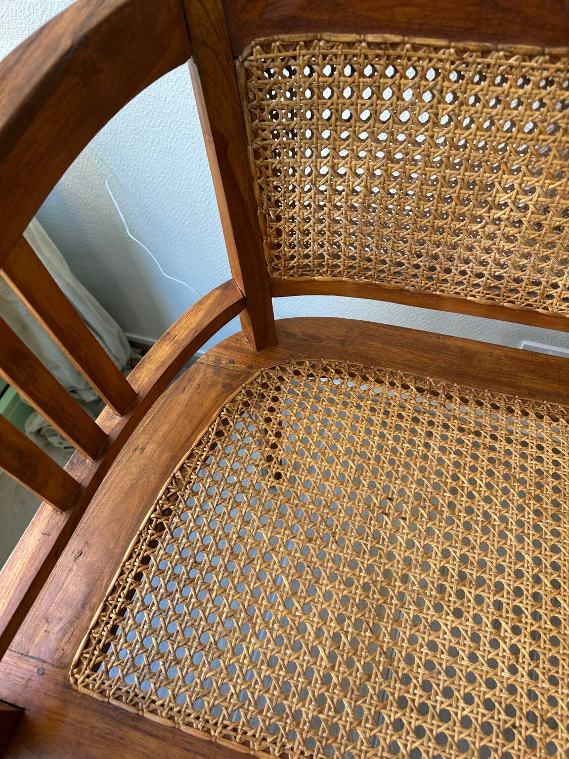 Art Deco wooden and cane bench