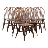 Set of 10 wooden vintage Windsor bars chairs from the 70s in English style