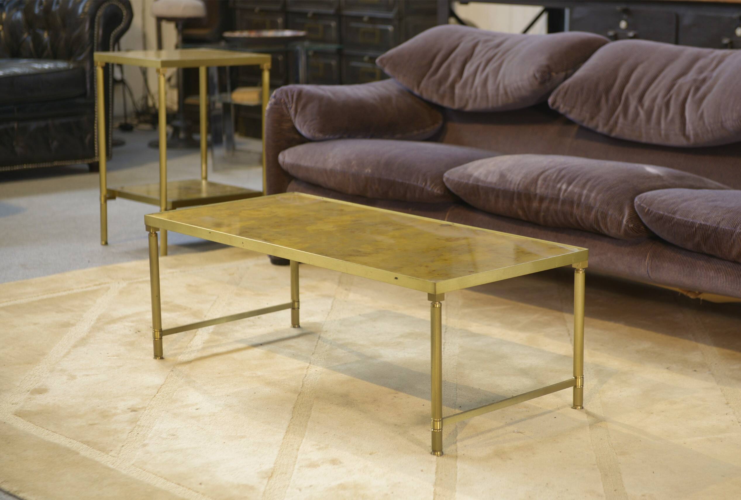 Néo-classical coffee table set with 2 side tables, mirrored glass, 1980s.