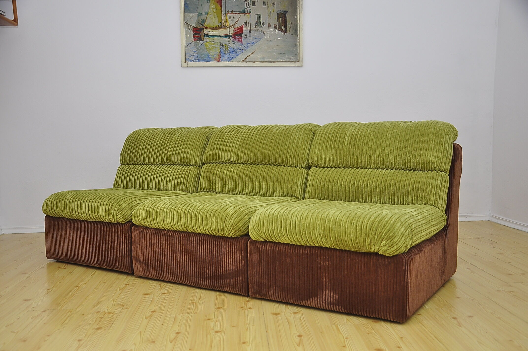 Green and brown corduroy modular sofa, 1970s.