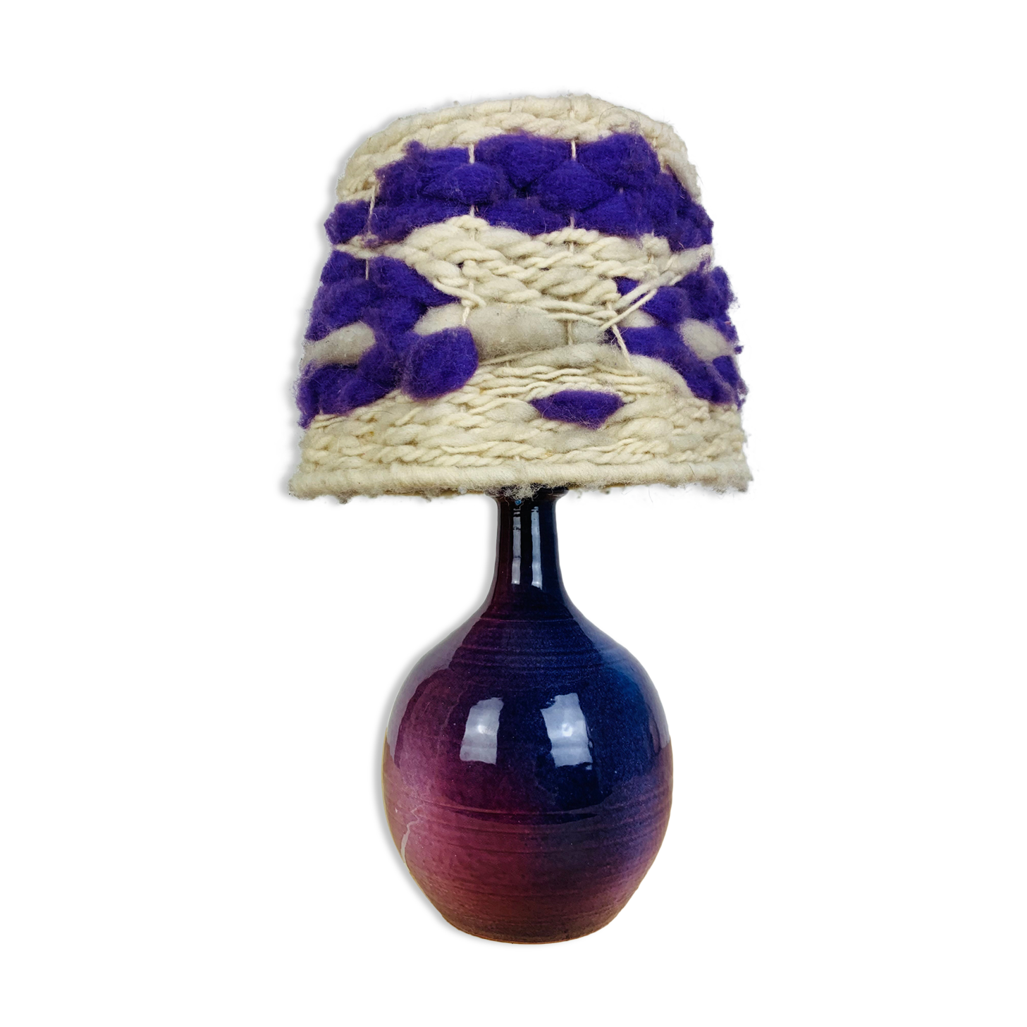 Purple ceramic lamp and wool lampshade 70s