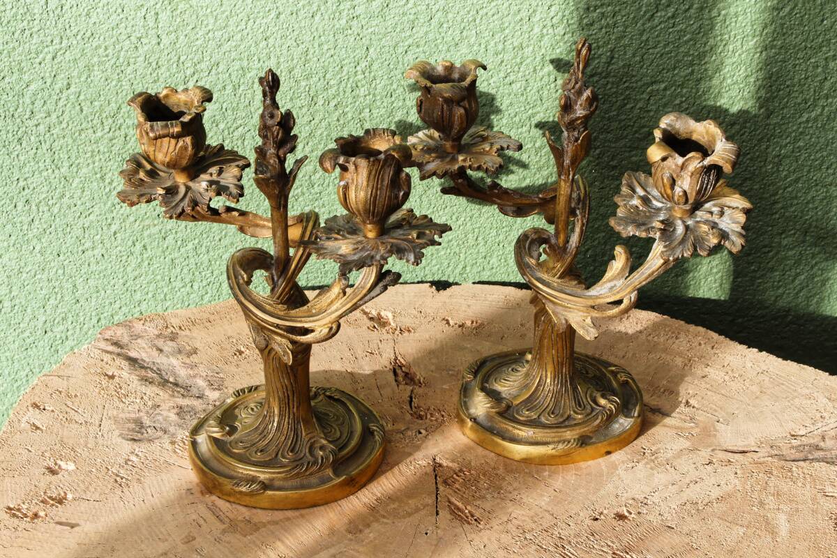Pair of bronze candlesticks, rococo, 2 lights