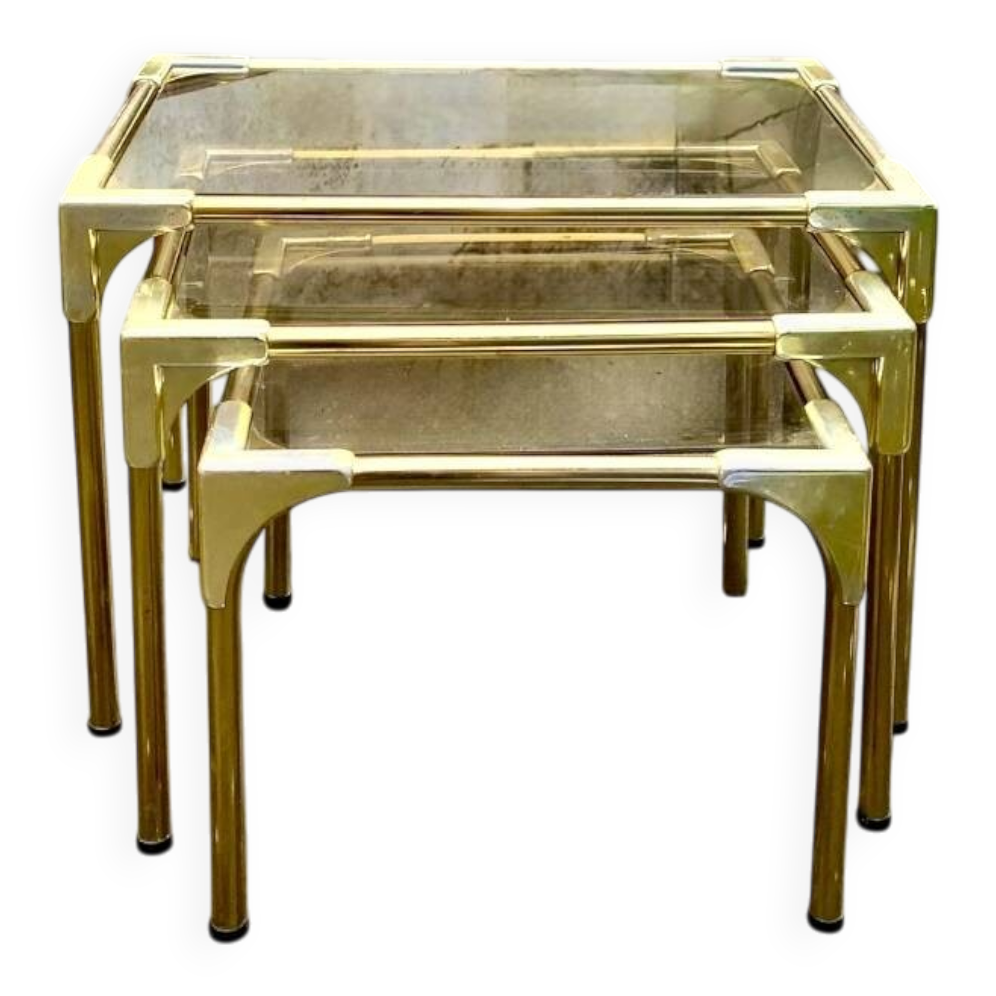 Trio of nesting tables in gold, smoked safety glass, 1970s