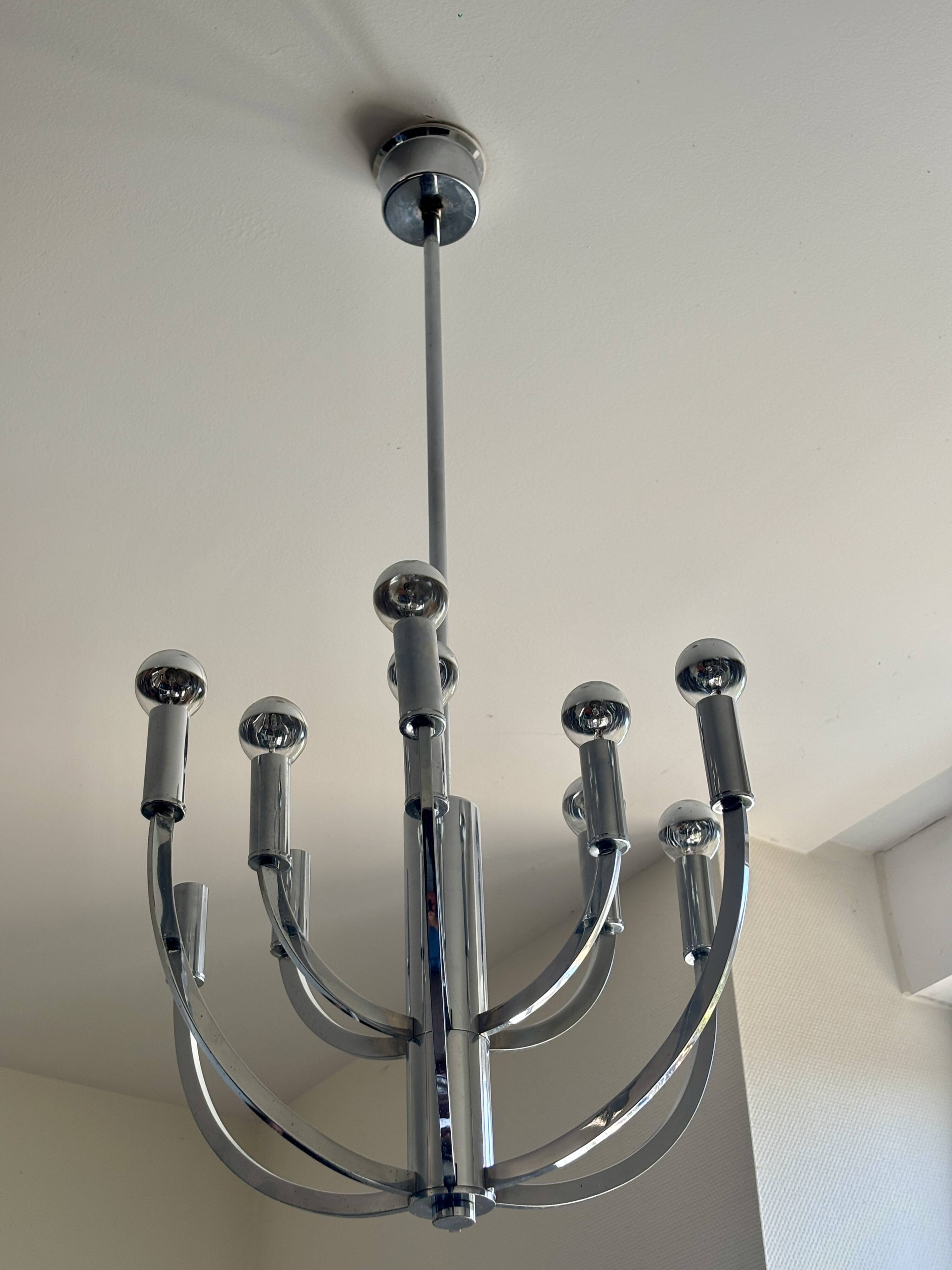 Chrome chandelier with 12 lights in the style of Gaetano Sciolari – 1970s