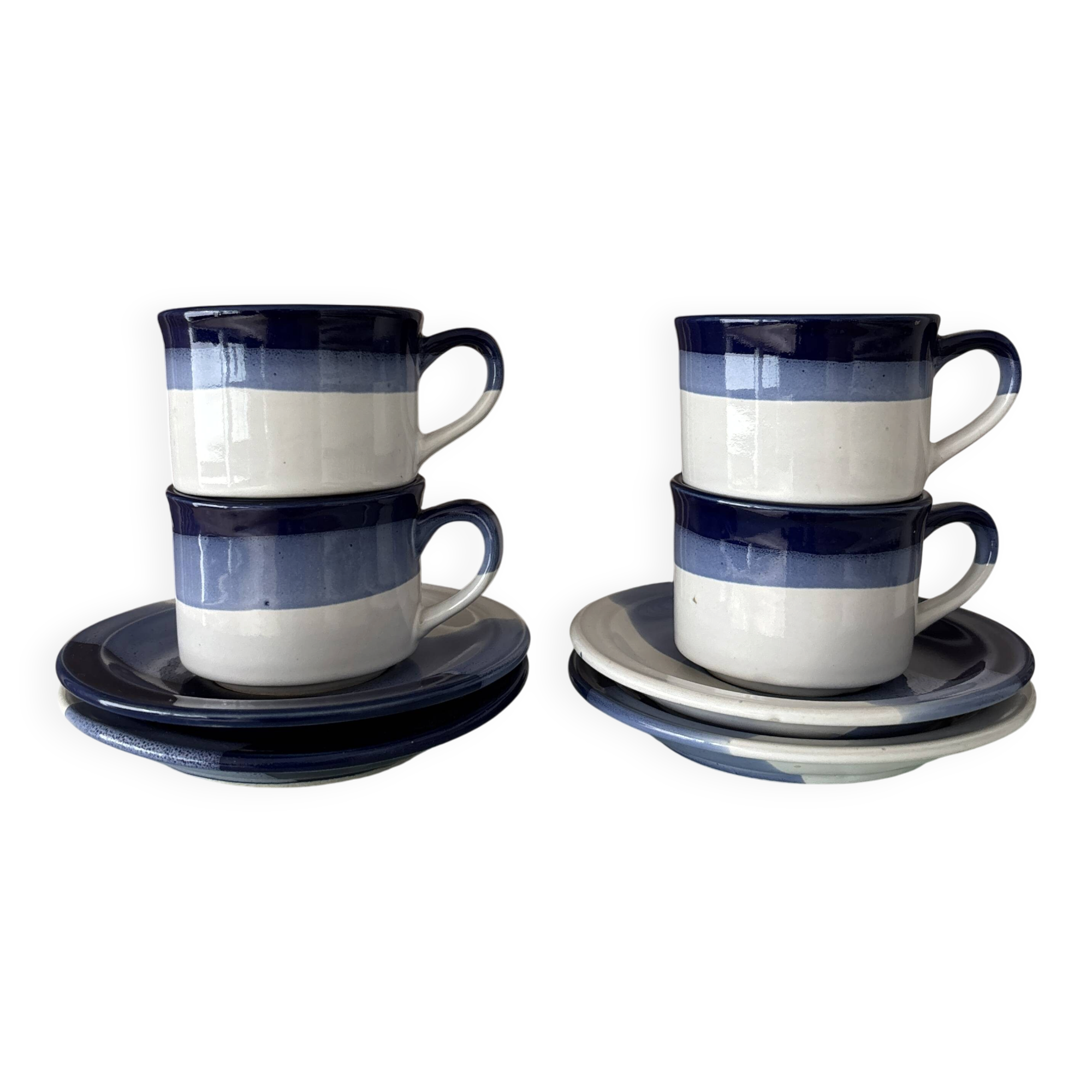 Set of 4 Vintage Studio Pottery Cups & Saucers – Hand Glazed Blue & White