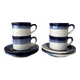 Set of 4 Vintage Studio Pottery Cups & Saucers – Hand Glazed Blue & White
