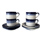 Set of 4 Vintage Studio Pottery Cups & Saucers – Hand Glazed Blue & White