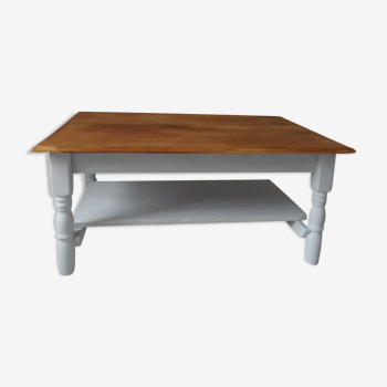 Coffee table, base, pearl grey patinated belt and shelf, wooden top