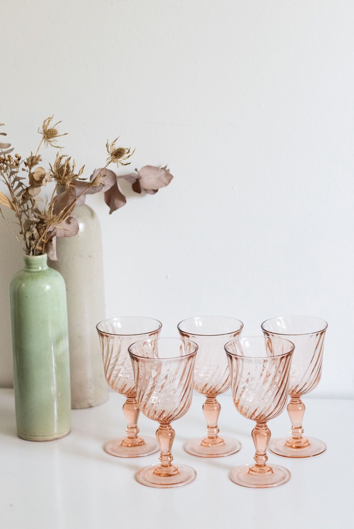 Set of 5 vintage Arcoroc Rosaline foot glasses