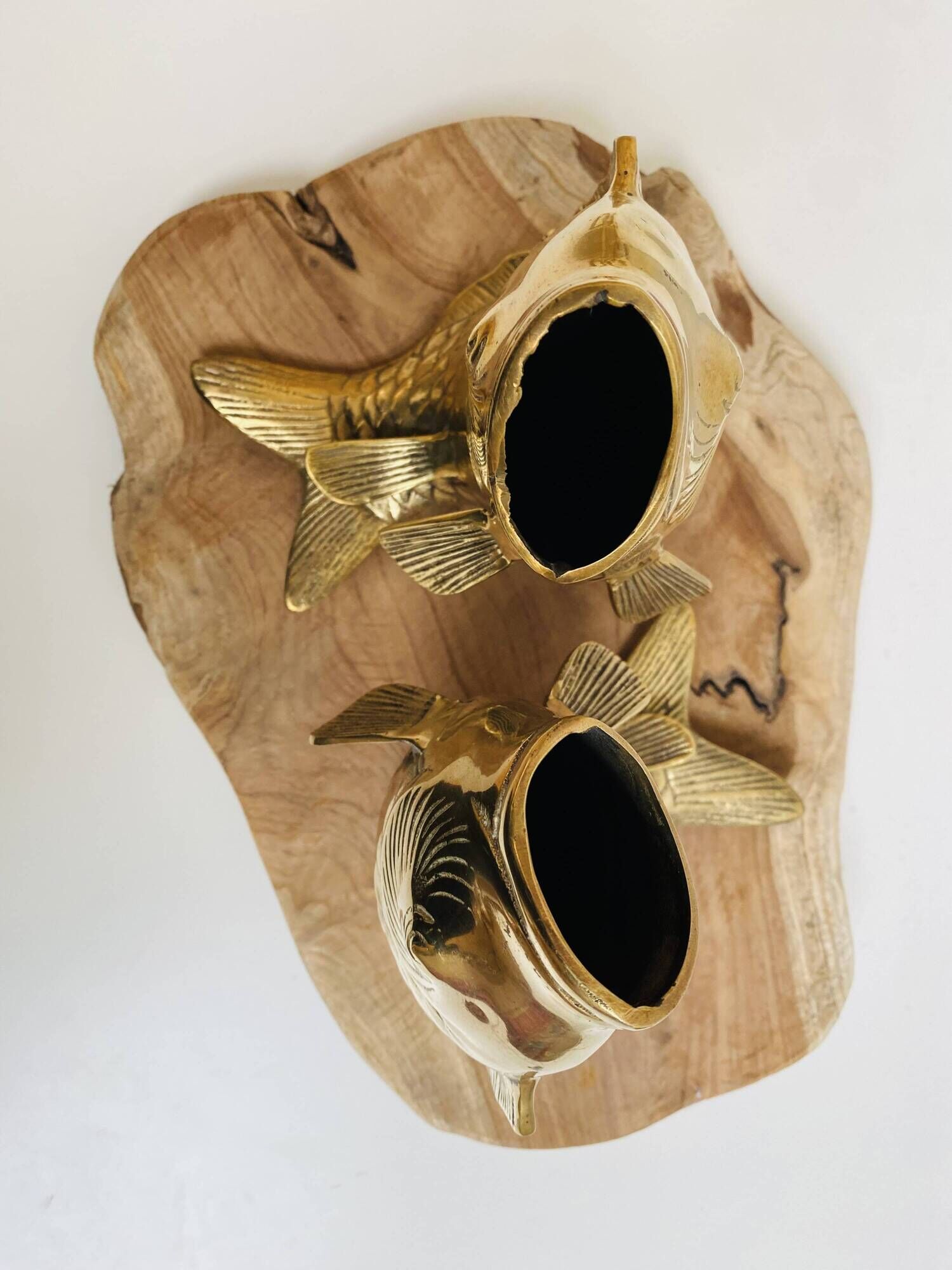 Pair of koi carp vases in brass, animal sculpture