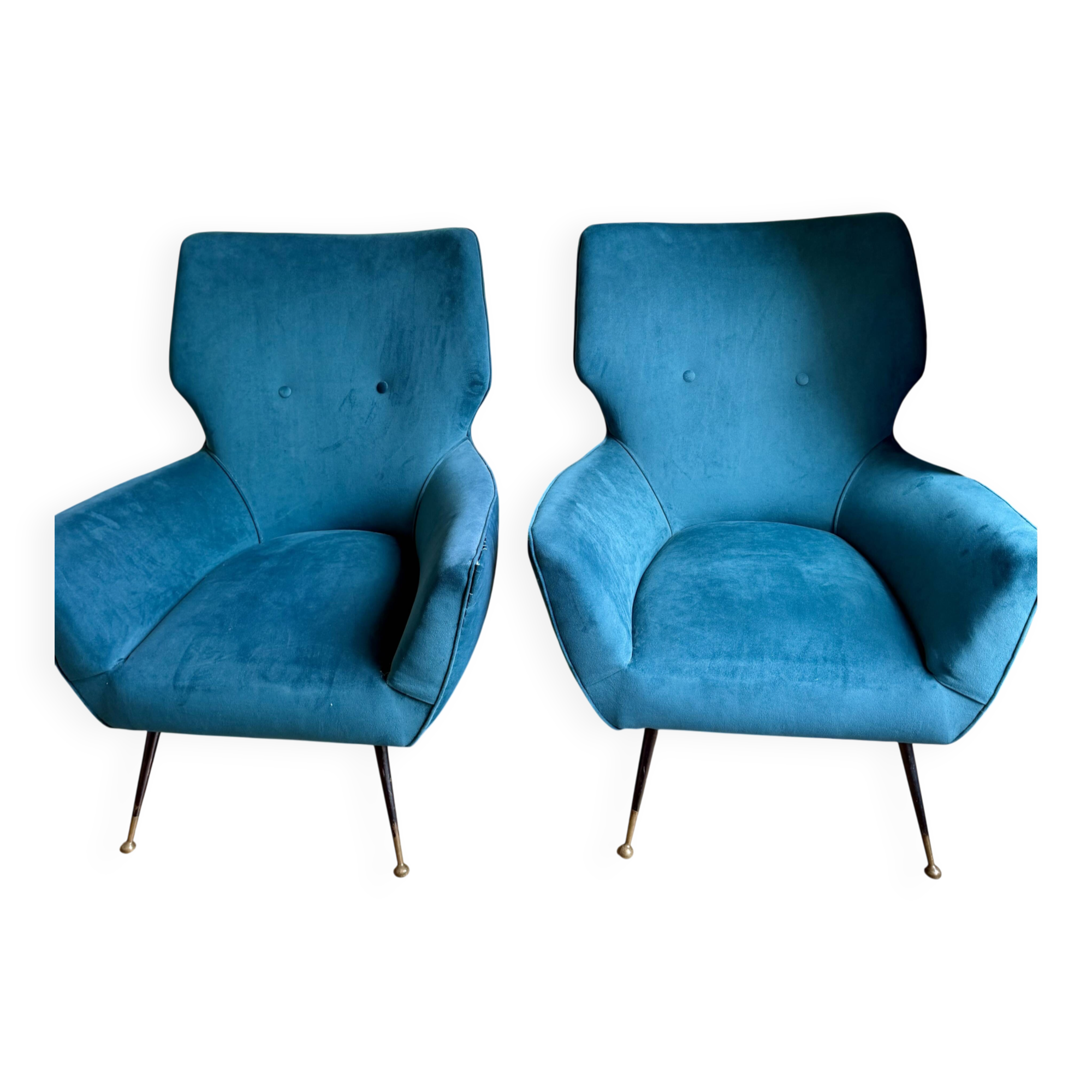 Pair of vintage Italian armchairs, 1950s-1960s, peacock blue velvet.