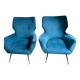 Pair of vintage Italian armchairs, 1950s-1960s, peacock blue velvet.