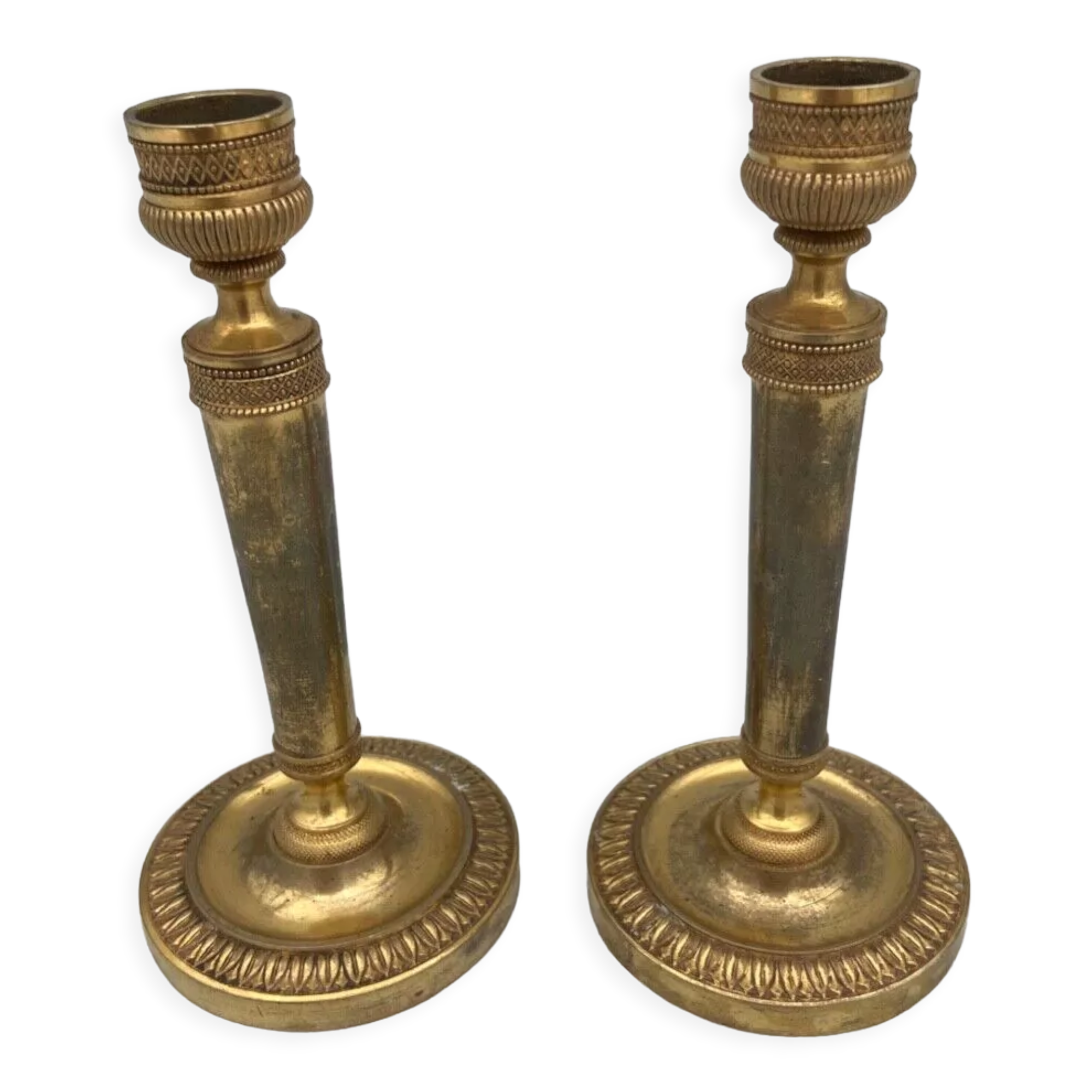 Pair of miniature candle holders in bronze dore restoration period nineteenth