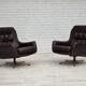 1970s, set of two swivel lounge chairs with footstool, leather.