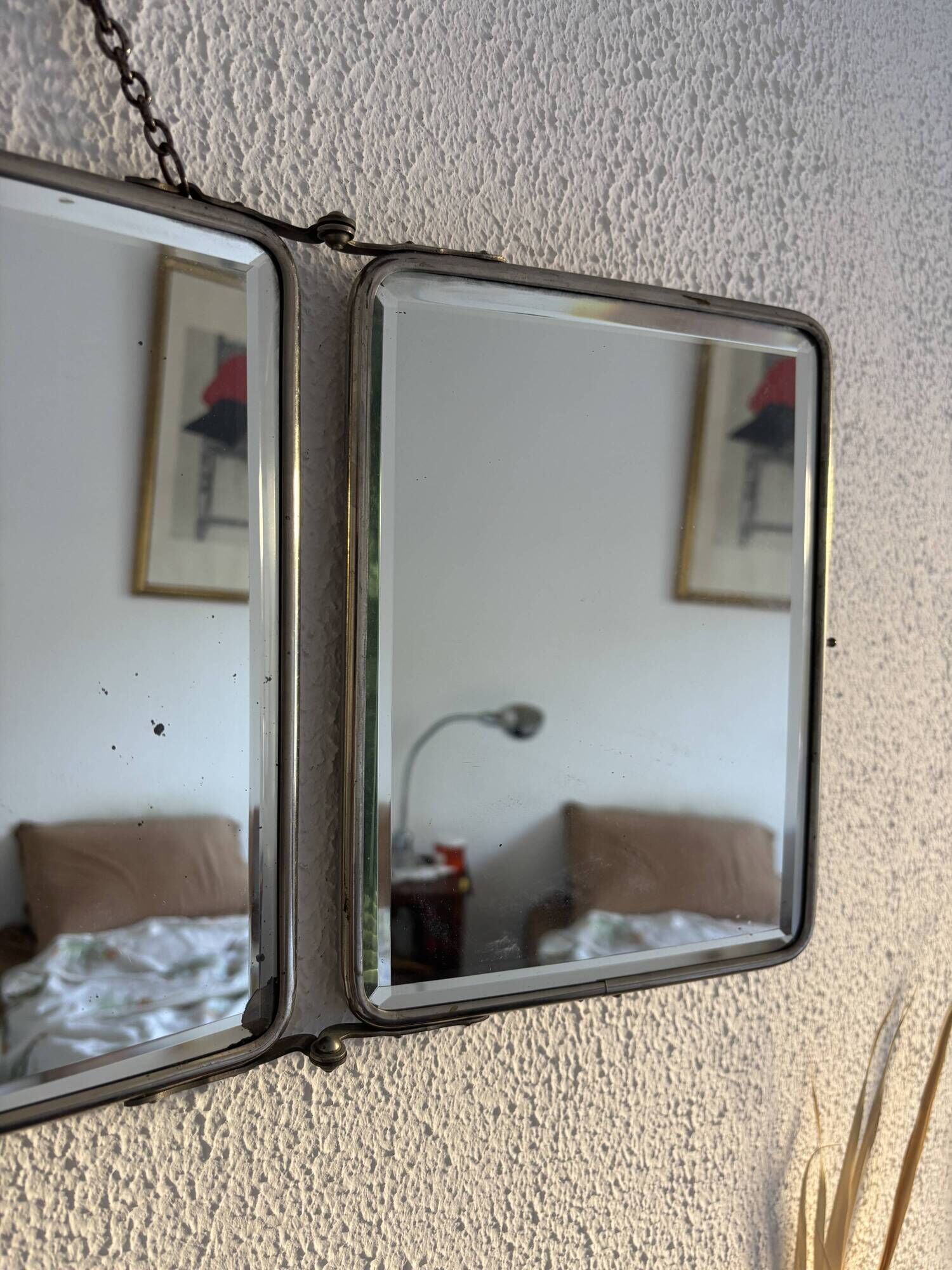 Vintage 1950 triptych mirror barber beveled crystal hairdresser - 25 x 59 cm