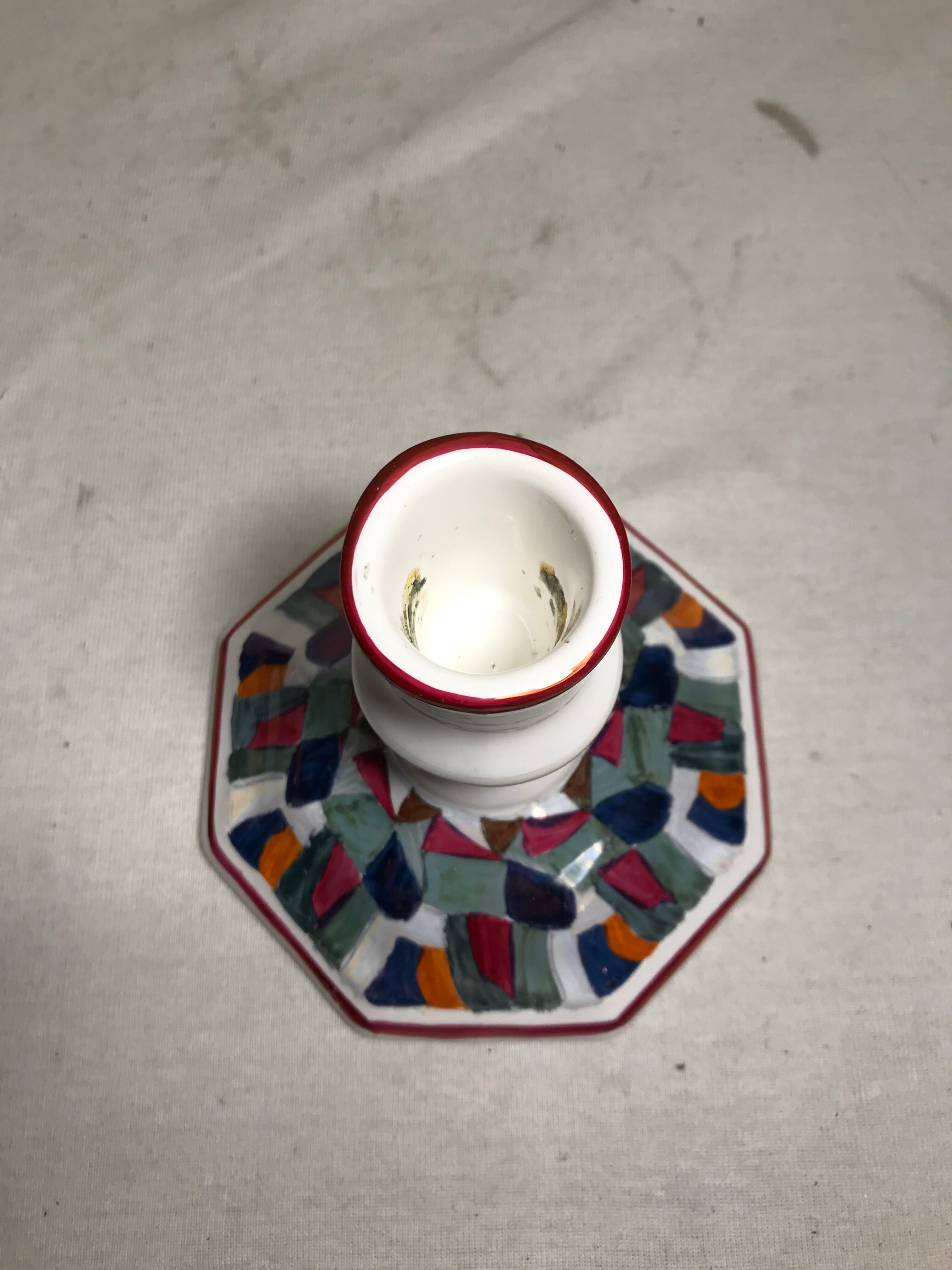 Old candle holder ceramic white + patterns painted colors signed vintage comics