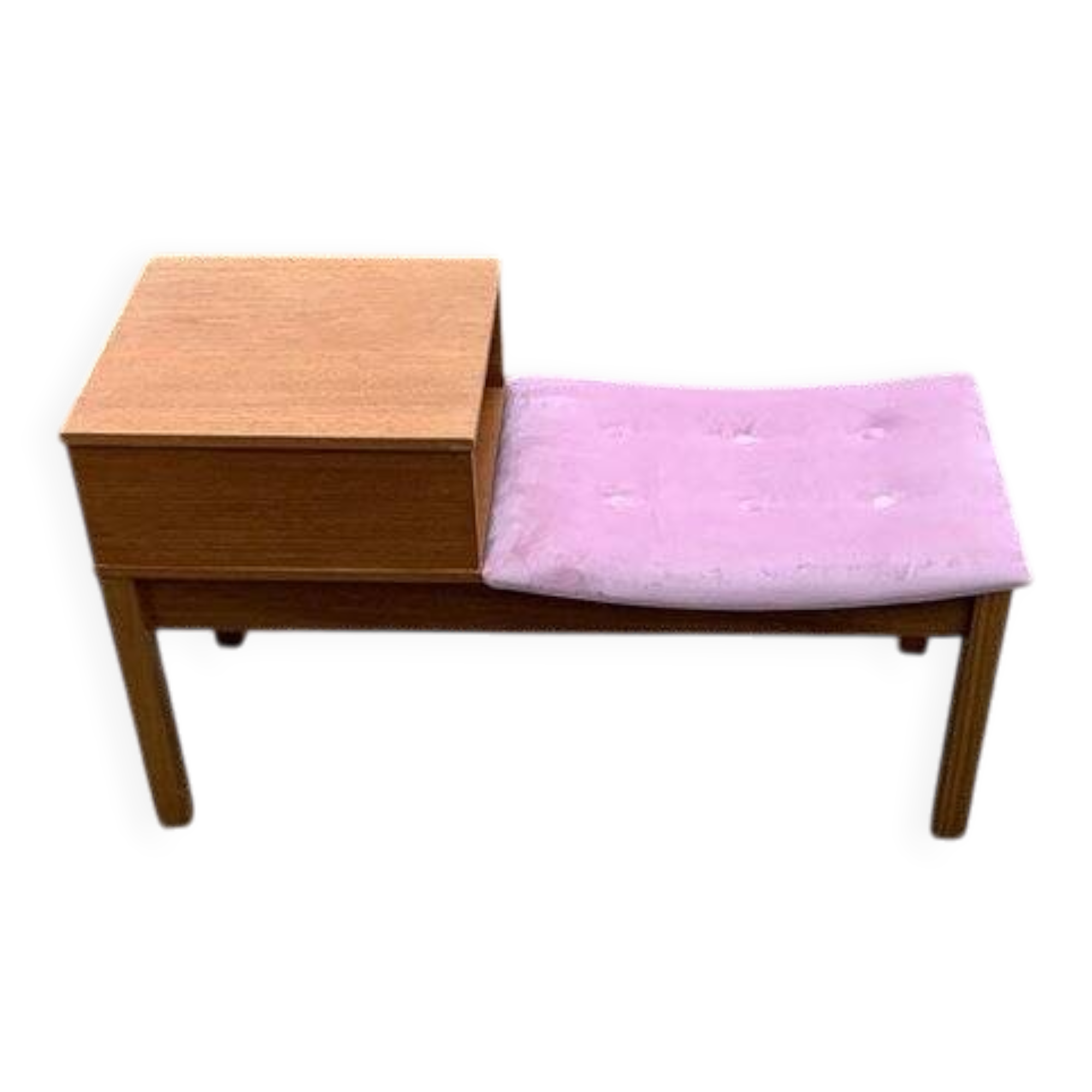 Mid-Century telephone bench in teak with bright pink fabric seat and wooden top.