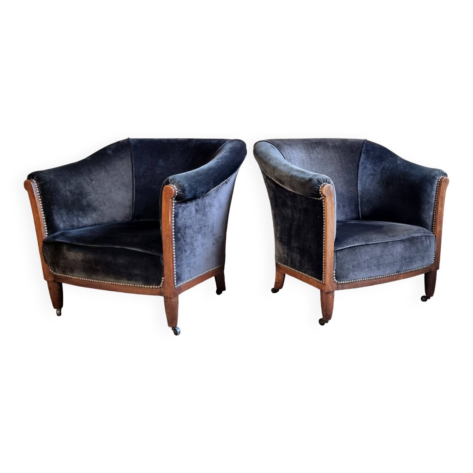 Pair of club armchairs called Monaco, studded velvet, art deco