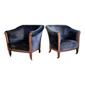 Pair of club armchairs called Monaco, studded velvet, art deco