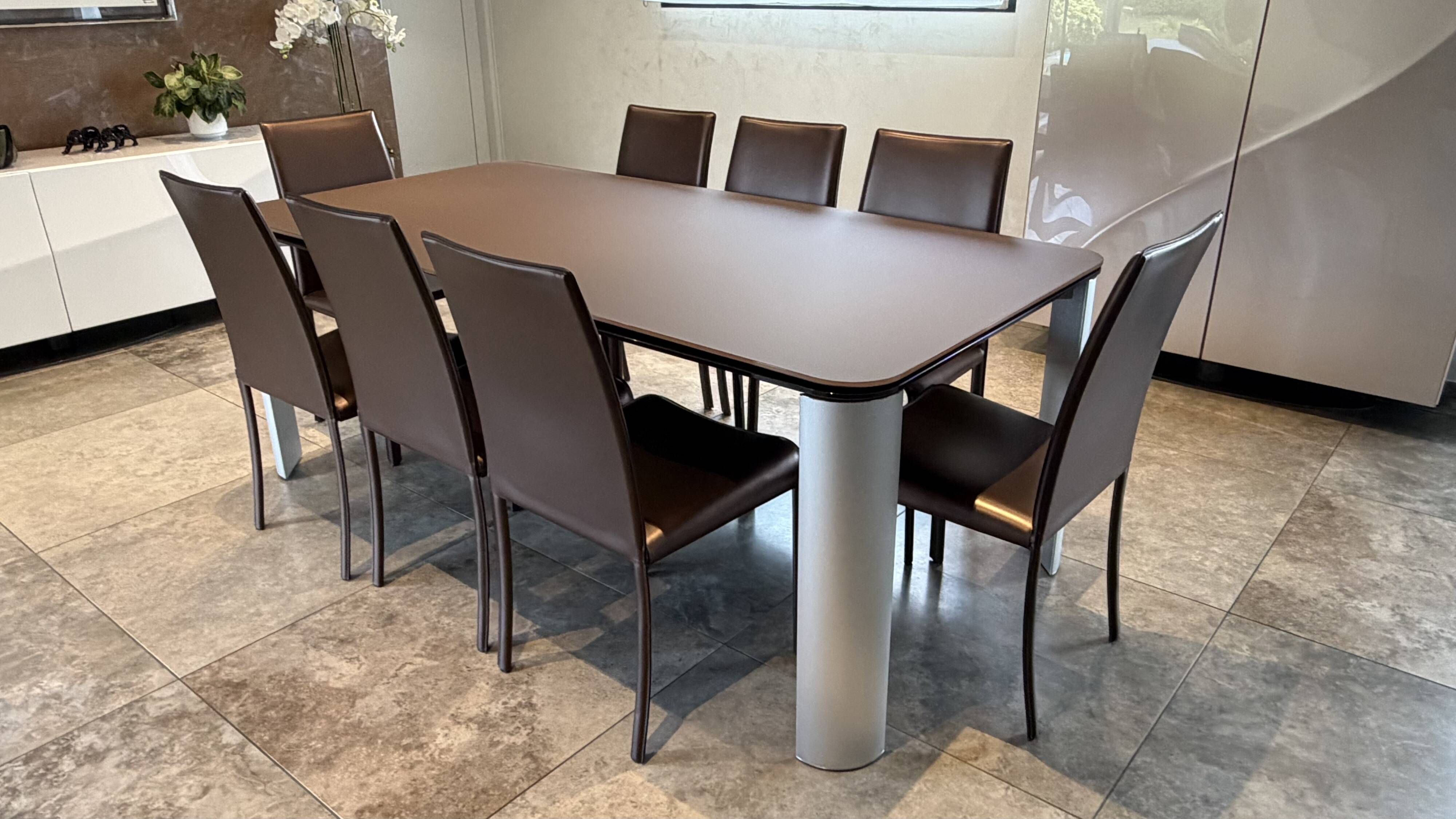 1Table en verre marron satiné   + 8 chaises en cuir de salle à manger