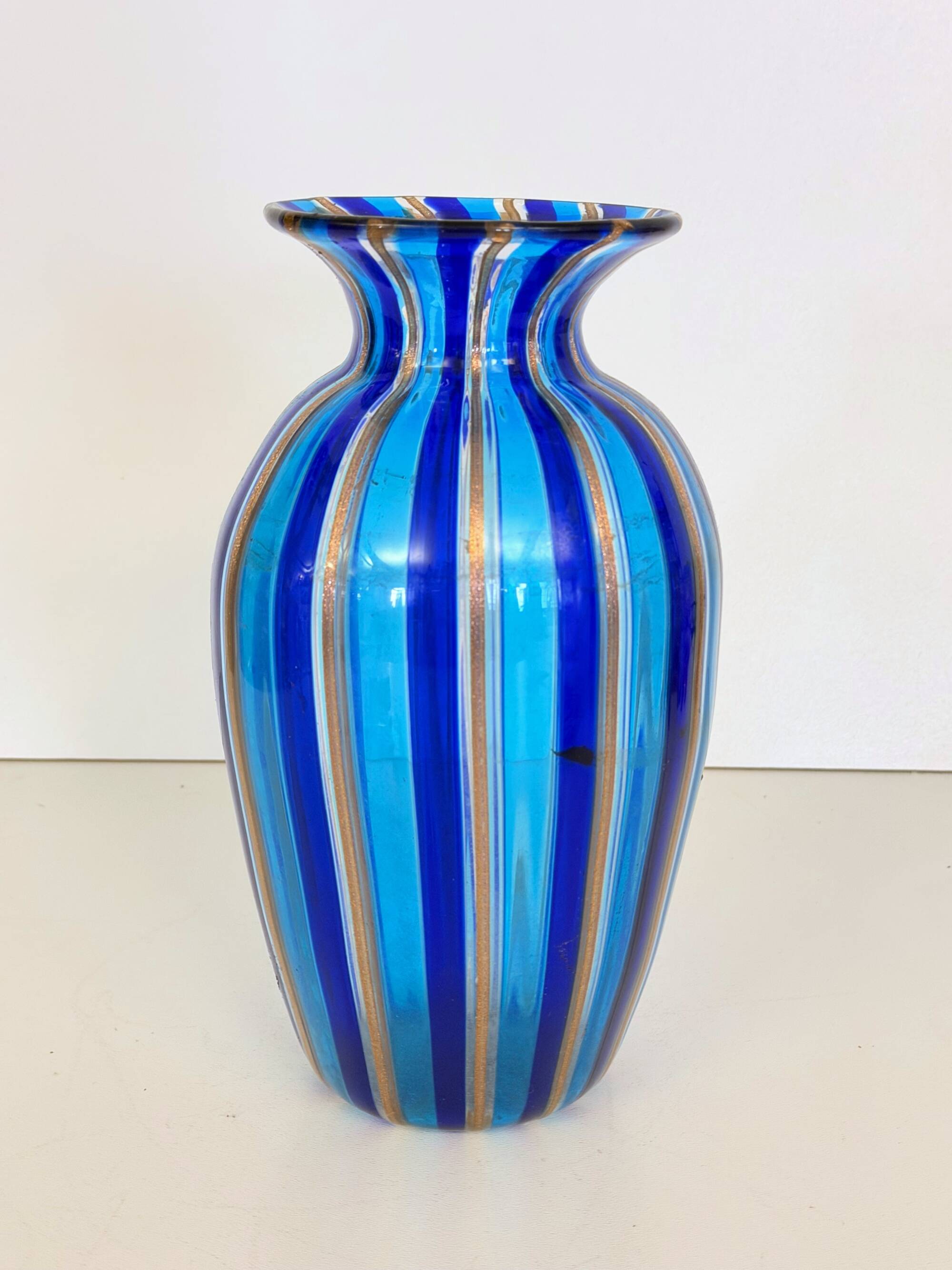 Murano Glass Vase with Blue and Light Blue Canes and Avventurine, 1980s