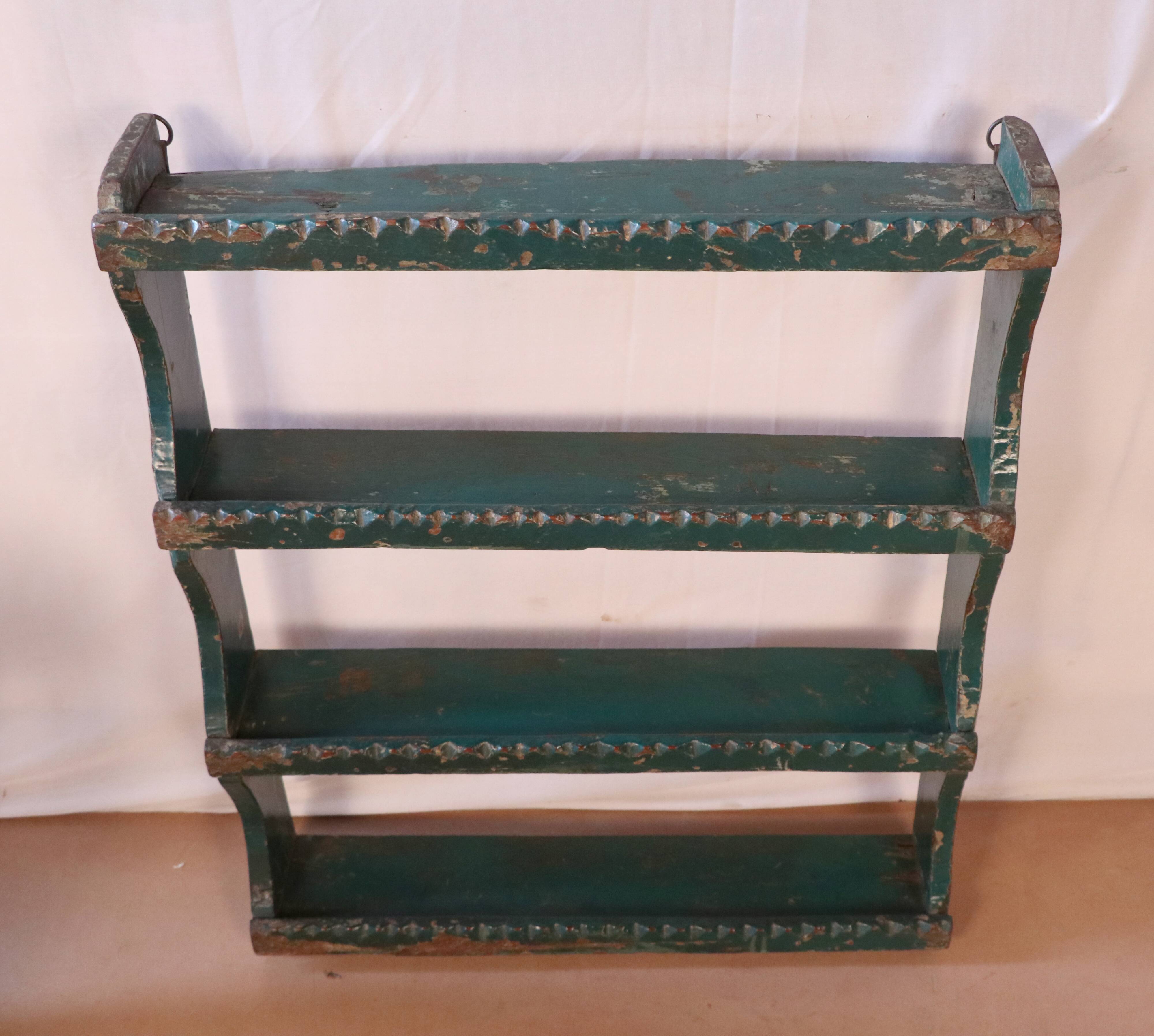 Old burmese teak wall shelf original blue patina