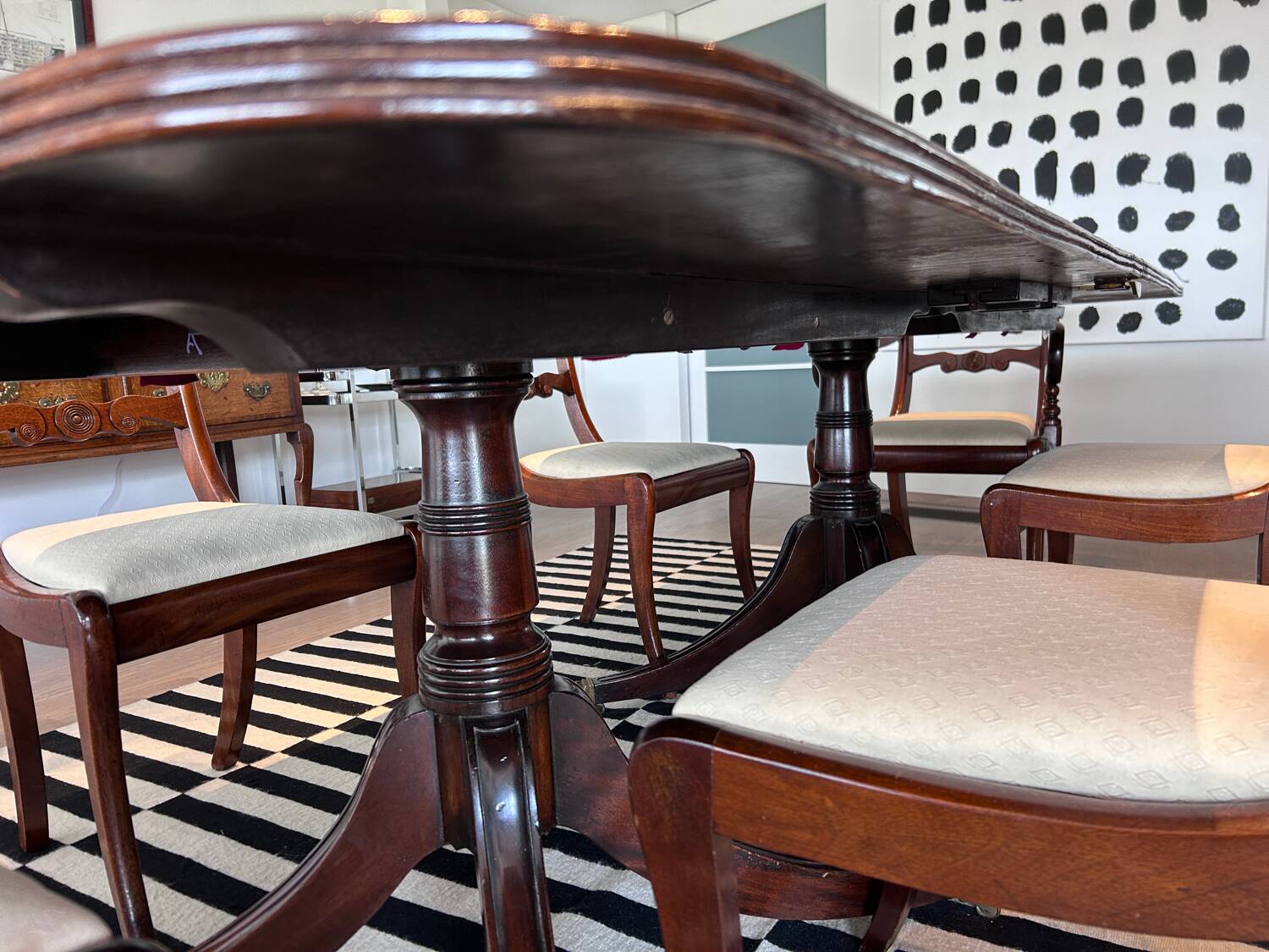 Antique Georgian twin pedestals dining table and 10 chairs