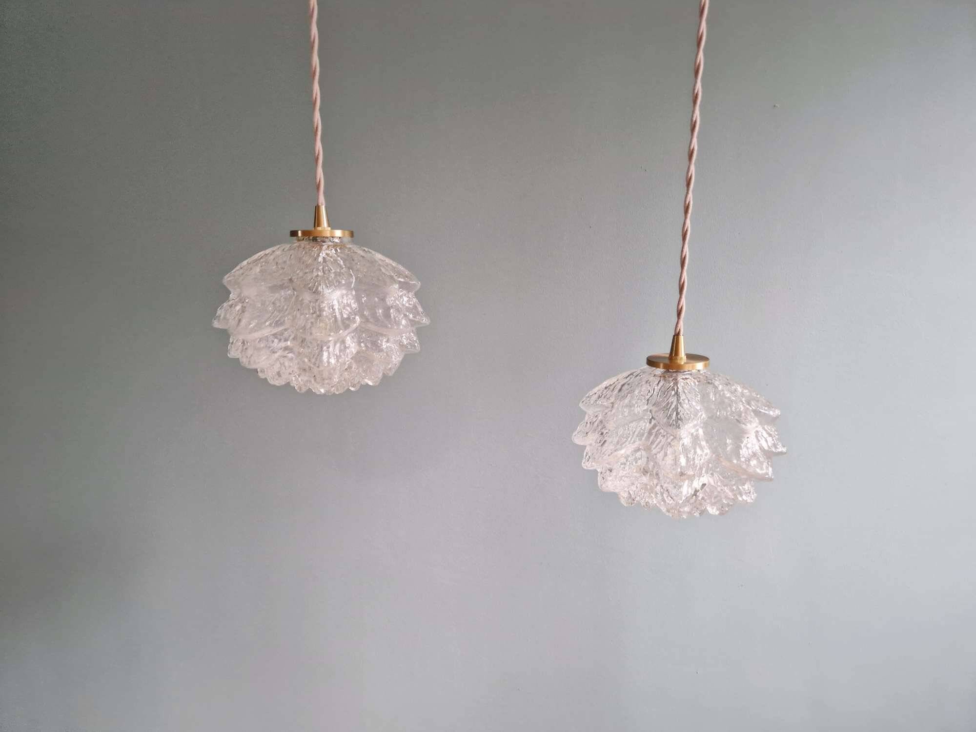 Pair of frosted glass pendant lights, artichoke-shaped, 1960s.